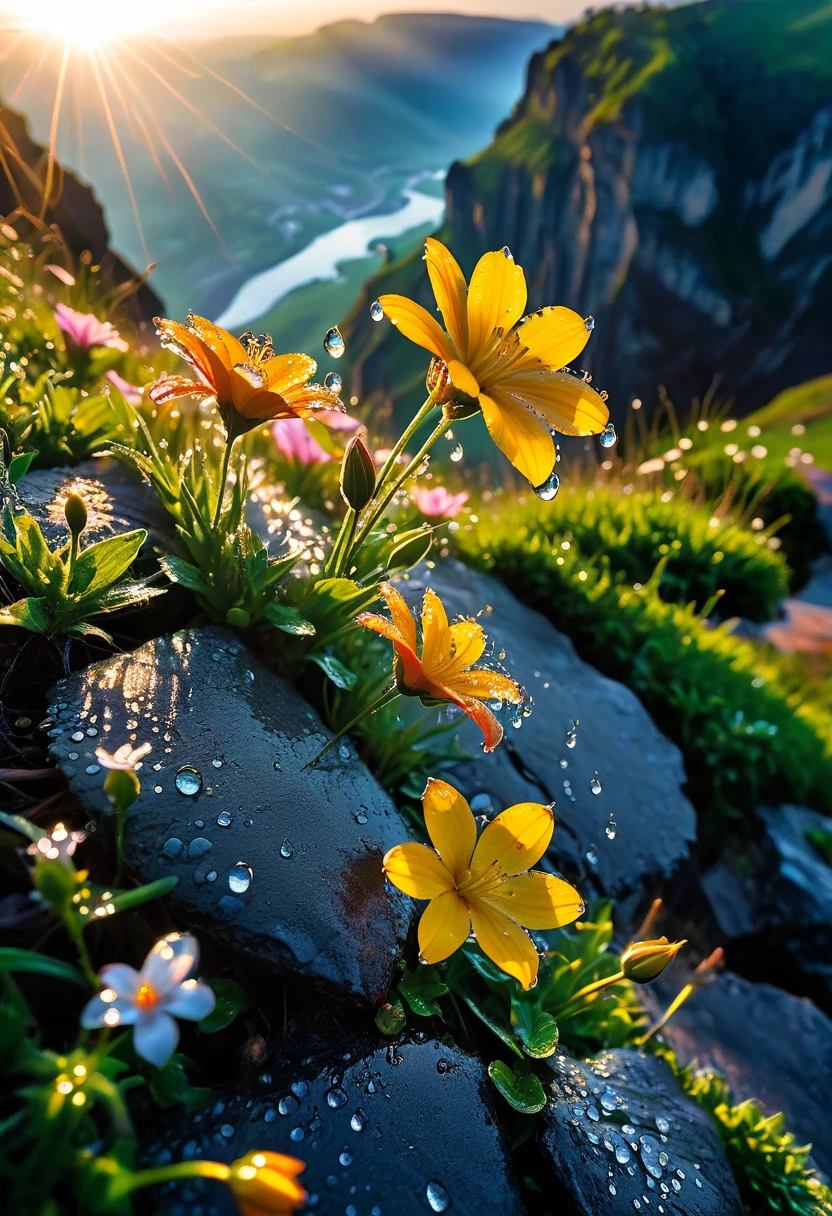 The first rays of sunlight in the morning，cliff，slopes，Dew drops on beautiful flowers，(sunrise)，Beautiful picture，HD Wallpapers