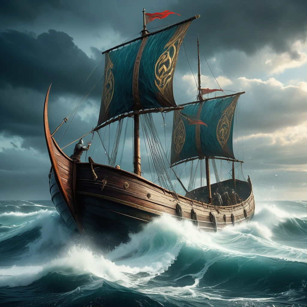 Imagine a medieval fantasy Viking standing proudly on the prow of a dragon-headed longship, sailing through stormy seas under a turbulent, dramatic sky. The Viking, clad in fur-lined armor adorned with intricate runes and battle scars, grips a massive battle-axe with a weathered yet deadly grip. His long, braided beard whips in the salty wind, and his eyes, fierce and determined, scan the horizon for signs of conquest or adventure. Around him, his crew of hardened warriors row with rhythmic strength, their shields emblazoned with symbols of their clan and tales of past victories. Lightning flashes in the distance, casting an ominous glow on the churning waves below. Capture the essence of daring exploration and fierce combat prowess as this medieval fantasy Viking sails into the unknown, embodying the spirit of exploration and valor in a realm of myth and legend."