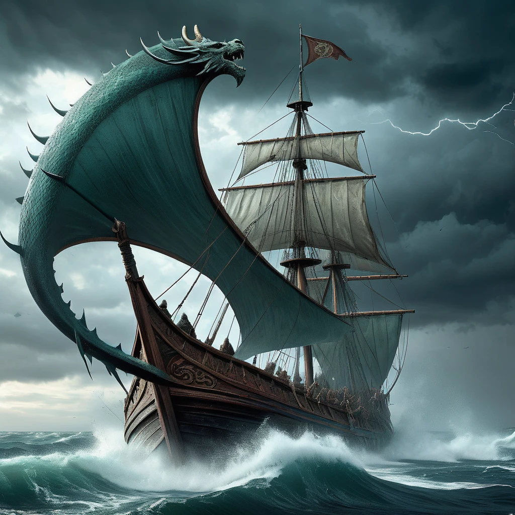 Imagine a medieval fantasy Viking standing proudly on the prow of a dragon-headed longship, sailing through stormy seas under a turbulent, dramatic sky. The Viking, clad in fur-lined armor adorned with intricate runes and battle scars, grips a massive battle-axe with a weathered yet deadly grip. His long, braided beard whips in the salty wind, and his eyes, fierce and determined, scan the horizon for signs of conquest or adventure. Around him, his crew of hardened warriors row with rhythmic strength, their shields emblazoned with symbols of their clan and tales of past victories. Lightning flashes in the distance, casting an ominous glow on the churning waves below. Capture the essence of daring exploration and fierce combat prowess as this medieval fantasy Viking sails into the unknown, embodying the spirit of exploration and valor in a realm of myth and legend."