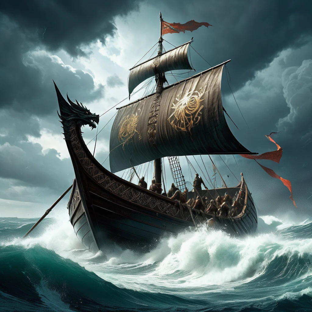 Imagine a medieval fantasy Viking standing proudly on the prow of a dragon-headed longship, sailing through stormy seas under a turbulent, dramatic sky. The Viking, clad in fur-lined armor adorned with intricate runes and battle scars, grips a massive battle-axe with a weathered yet deadly grip. His long, braided beard whips in the salty wind, and his eyes, fierce and determined, scan the horizon for signs of conquest or adventure. Around him, his crew of hardened warriors row with rhythmic strength, their shields emblazoned with symbols of their clan and tales of past victories. Lightning flashes in the distance, casting an ominous glow on the churning waves below. Capture the essence of daring exploration and fierce combat prowess as this medieval fantasy Viking sails into the unknown, embodying the spirit of exploration and valor in a realm of myth and legend."