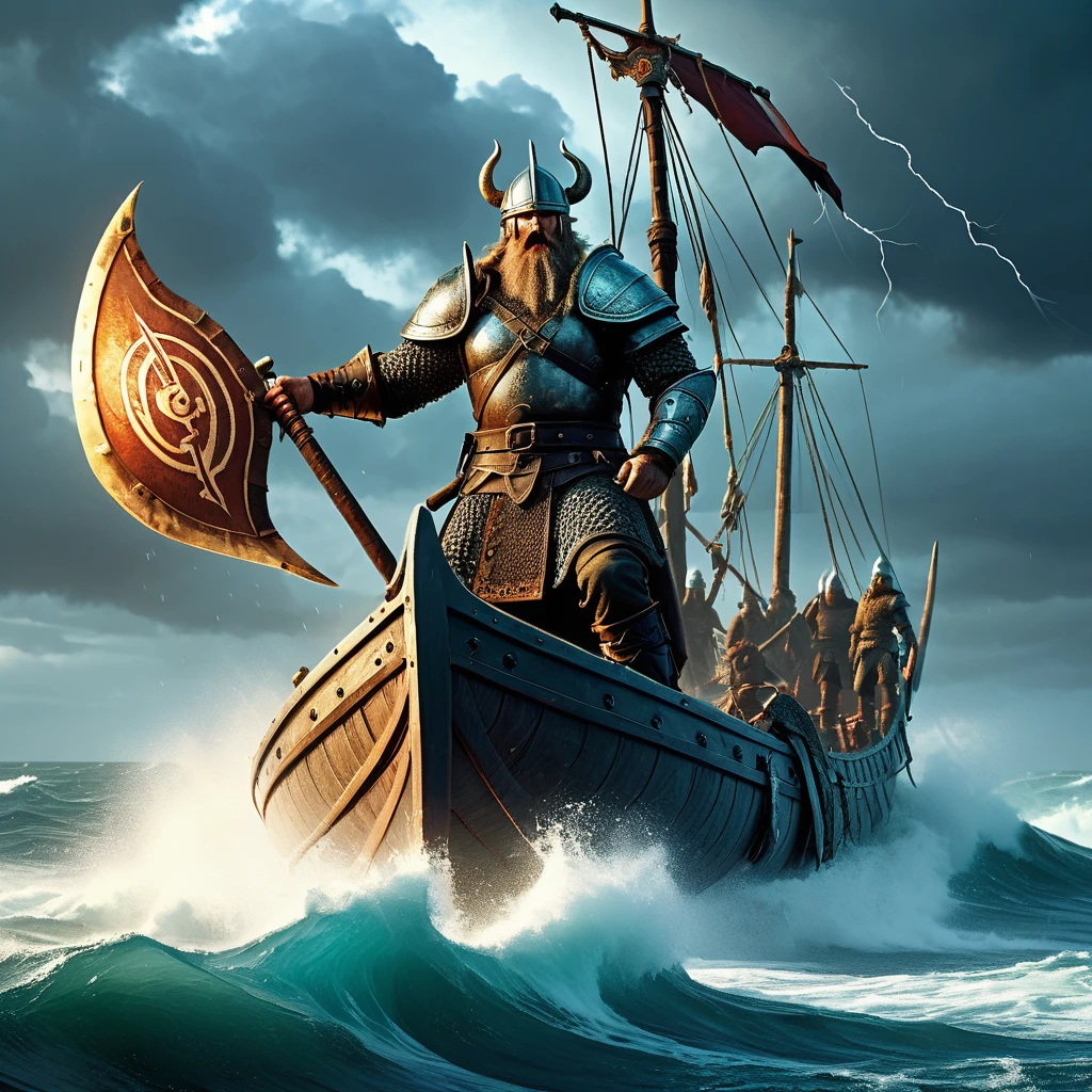 Imagine a medieval fantasy Viking standing proudly on the prow of a dragon-headed longship, sailing through stormy seas under a turbulent, dramatic sky. The Viking, clad in fur-lined armor adorned with intricate runes and battle scars, grips a massive battle-axe with a weathered yet deadly grip. His long, braided beard whips in the salty wind, and his eyes, fierce and determined, scan the horizon for signs of conquest or adventure. Around him, his crew of hardened warriors row with rhythmic strength, their shields emblazoned with symbols of their clan and tales of past victories. Lightning flashes in the distance, casting an ominous glow on the churning waves below. Capture the essence of daring exploration and fierce combat prowess as this medieval fantasy Viking sails into the unknown, embodying the spirit of exploration and valor in a realm of myth and legend."