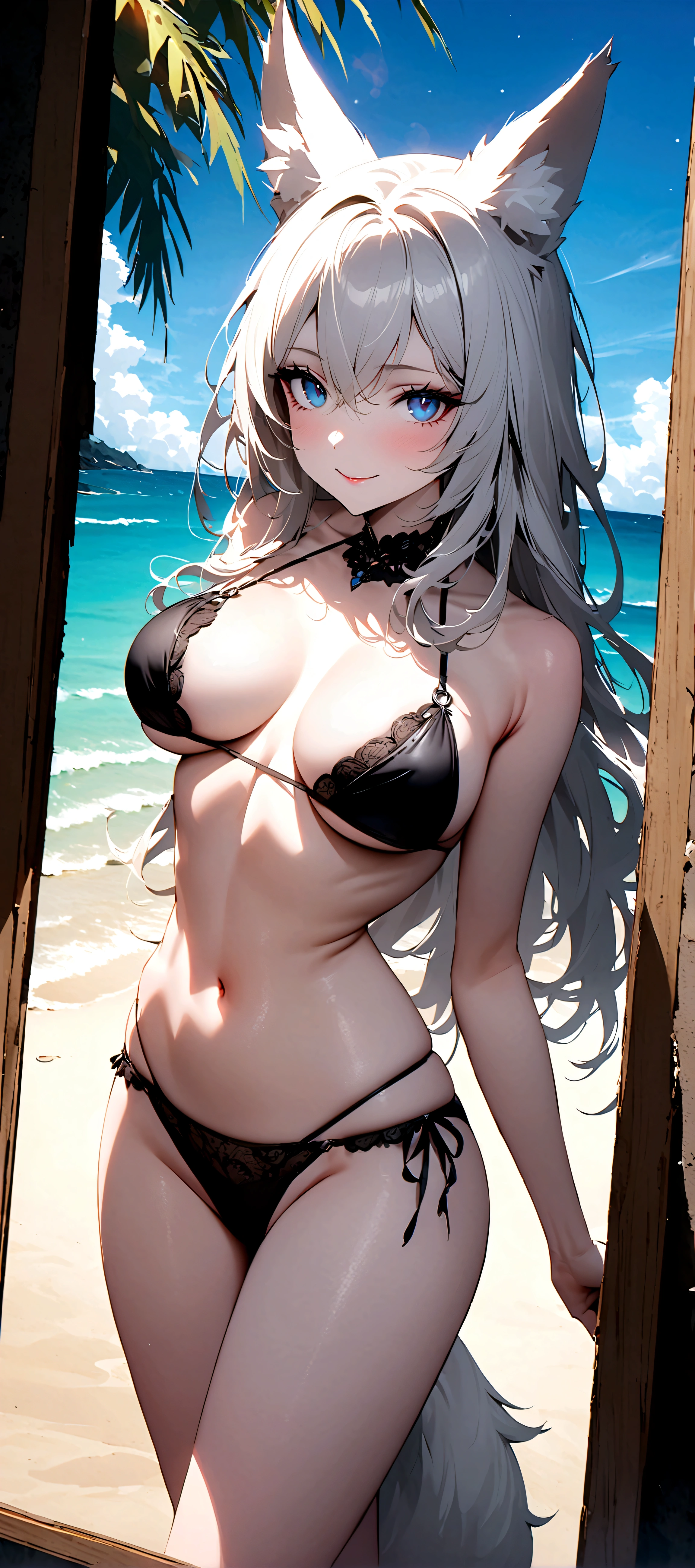 A seductive silver-haired woman with fox ears, her pale skin glowing in the sun, stands confidently on a paradise beach wearing a tiny bikini. Her large breasts and alluring smile draw attention, exuding an air of sensuality. This exquisite image, whether a painting or photograph, captures her beauty in stunning detail. The intricate silver hair cascades down her back, complementing the sleek bikini and enhancing her striking features. The overall effect is captivating, inviting viewers to admire the enchanting allure of this mysterious figure. Black lacey bikini. Gorgeous blue eyes.