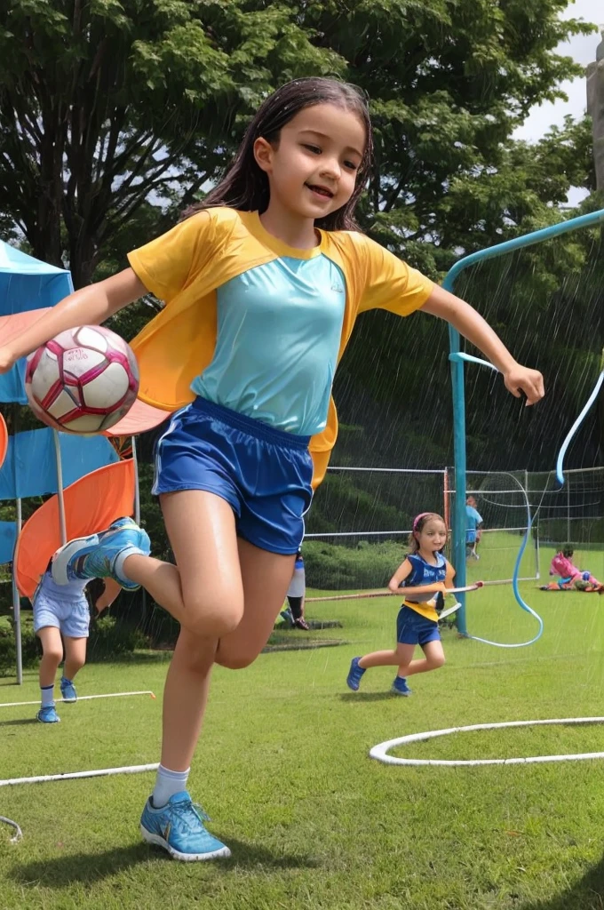 Italy. A realistic image of a **************** at a summer recreational center at a sports facility, surrounded by many children. She is wearing shorts and a t-shirt, which are slightly damp from the light drizzle. The sky is very cloudy, indicating an overcast day, and there is a gentle rain falling. The girl is at the center of the image, engaging with the children around her. Some children may be holding umbrellas or wearing raincoats. The background shows various sports equipment and activities typical of a summer camp, such as a soccer ball, jump ropes, and hula hoops. The setting includes a mix of grassy areas and playground structures, all slightly wet from the rain. The overall atmosphere is lively and cheerful despite the rainy weather