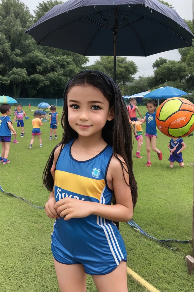 Italy. A realistic image of a **************** at a summer recreational center at a sports facility, surrounded by many children. She is wearing shorts and a t-shirt, which are slightly damp from the light drizzle. The sky is very cloudy, indicating an overcast day, and there is a gentle rain falling. The girl is at the center of the image, engaging with the children around her. Some children may be holding umbrellas or wearing raincoats. The background shows various sports equipment and activities typical of a summer camp, such as a soccer ball, jump ropes, and hula hoops. The setting includes a mix of grassy areas and playground structures, all slightly wet from the rain. The overall atmosphere is lively and cheerful despite the rainy weather