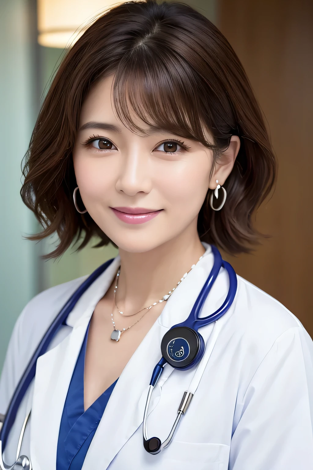 45-year-old woman、Brown Hair、 Japanese women、、Necklace around the neck、White、Closed Mouth Smile、Doctor's attire、Stethoscope、Wavy Hair、short hair、Intricate details, Very detailed:1.2), 、 Looking into the camera,The background is the operating room、ear piercing