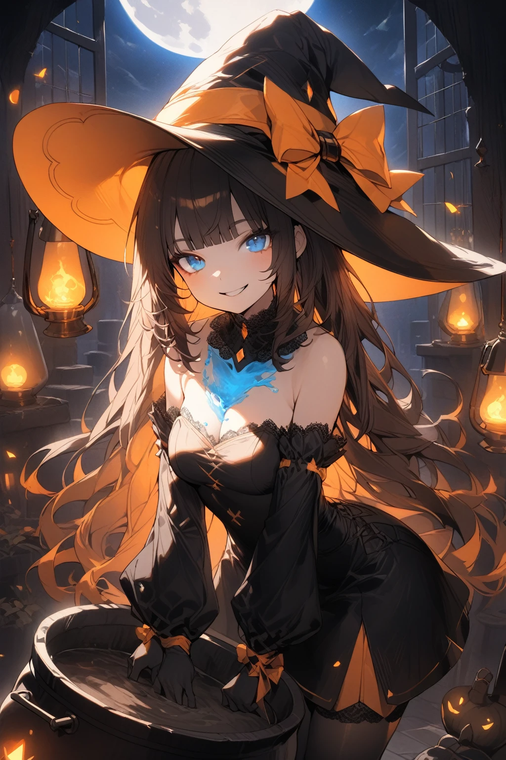 1 girl, blue eyes, brown hair, long hair with bangs, witch hat, witch costume, bare shoulders, separate sleeves, neckline, neckline, black gloves, short black mini dress, black stockings, bulging skin from stockings, looks at the viewer, sly smile, sly look, indoors, a cauldron with blue liquid, many flasks, orange-blue lighting, night outside, full blue moon, diamond walls, dark, dust motes flying in the air, detailed, beautiful, delicate tones
