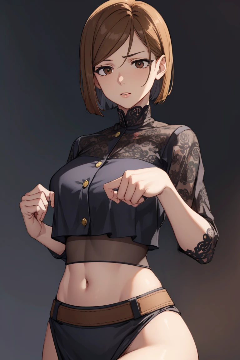 Nobarakugisaki, Nobara Kugisaki, Bob cut, (brown eyes:1.7), brown hair, lips, short hair,
BREAK Belt,
REST looking at the viewer,
REST indoors, Classroom,
TO BREAK (Masterpiece:1.2), The best quality, High resolution, Unity 8K Wallpaper, (illustration:0.8), (Beautiful detailed eyes:1.6), extremely detailed face, Perfect lighting, Extremely detailed CG, (perfect hands, perfect anatomy), pose sexy, sensual, provocative