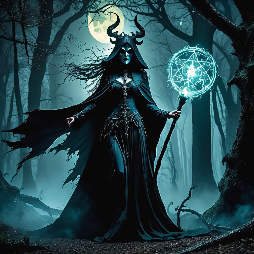 Imagine a medieval fantasy witch shrouded in darkness, her figure obscured by a flowing black cloak adorned with mystical symbols and charms. Atop her head rests a terrifying mask carved from ancient wood, twisted into a grotesque visage of twisted horns, fangs, and haunting, hollow eyes that seem to pierce through the shadows. Wisps of eerie mist curl around her feet, and her outstretched hand clutches a gnarled staff topped with a glowing crystal that pulses with ominous energy. Behind her, a dense forest looms, its trees gnarled and twisted, their branches clawing at the night sky. Moonlight filters through the canopy, casting an ethereal glow on the scene. Capture the sense of mystery and malevolence as this medieval fantasy witch stands at the crossroads of magic and darkness, wielding her arcane powers and invoking fear in those who dare to cross her path."