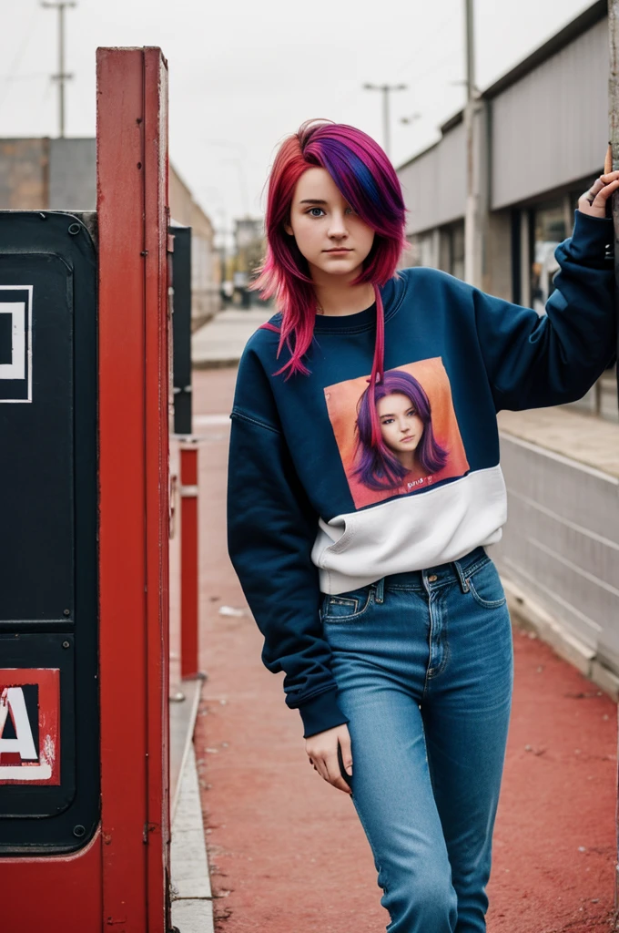 A 17-year-old advertising and audiovisual consultant with dyed hair and a camera in her hands. She is wearing red jeans and a sweatshirt