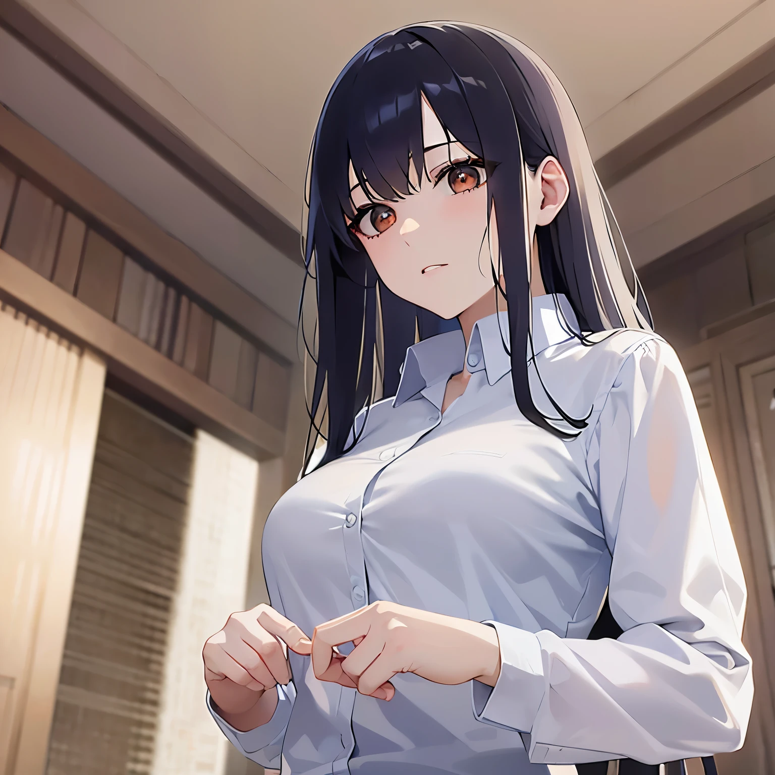Shooting from below、Upper Body, Realistic, real person, (pale skin: 1.2), RAW photo, photorealistic, shiny skin, shiny hair、 (A 25-year-old woman with medium-length hair and bangs) and (wavy hair) and (brown hair) and (Orange Eyes), (Wearing a business suit:1.5)、 expressionless, The background is the living room、Alone、Are standing