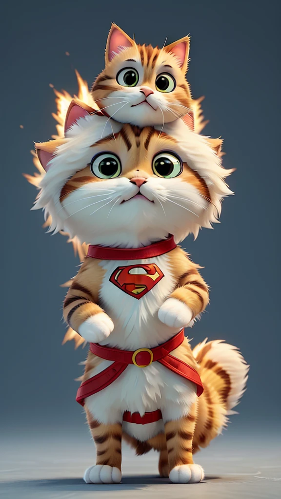 “Create an image of an adorable cat dressed in a faithful Superman costume. The cat should have a unique, short stature, with expressive, bright eyes and detailed, soft fur. The costume includes a vivid blue suit, a flowing red cape, and a yellow belt. Prominently display the iconic red and yellow Superman ‘S’ symbol on its chest. Capture the cat in a dynamic action pose, as if it’s in the middle of a heroic battle scene. The background should suggest motion and excitement, with blurred lines to indicate fast movement. Ensure the cat’s fur is meticulously detailed, showcasing its texture and fluffiness. The overall feel should be cinematic, evoking the sense of a dramatic movie moment.”