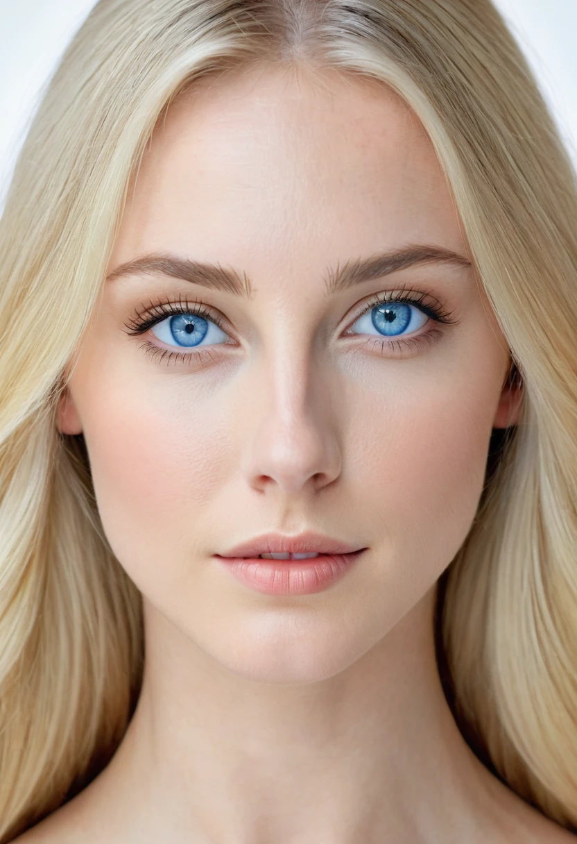 Extremely light white woman, young, adult, neoteny, blue eyes, angelic face, fine features, thin nose, symmetrical face, small nose, perfect face, tenderness, smooth skin, perfect skin, very long light blonde hair,hyper realistic,centered front face, looking straight ahead