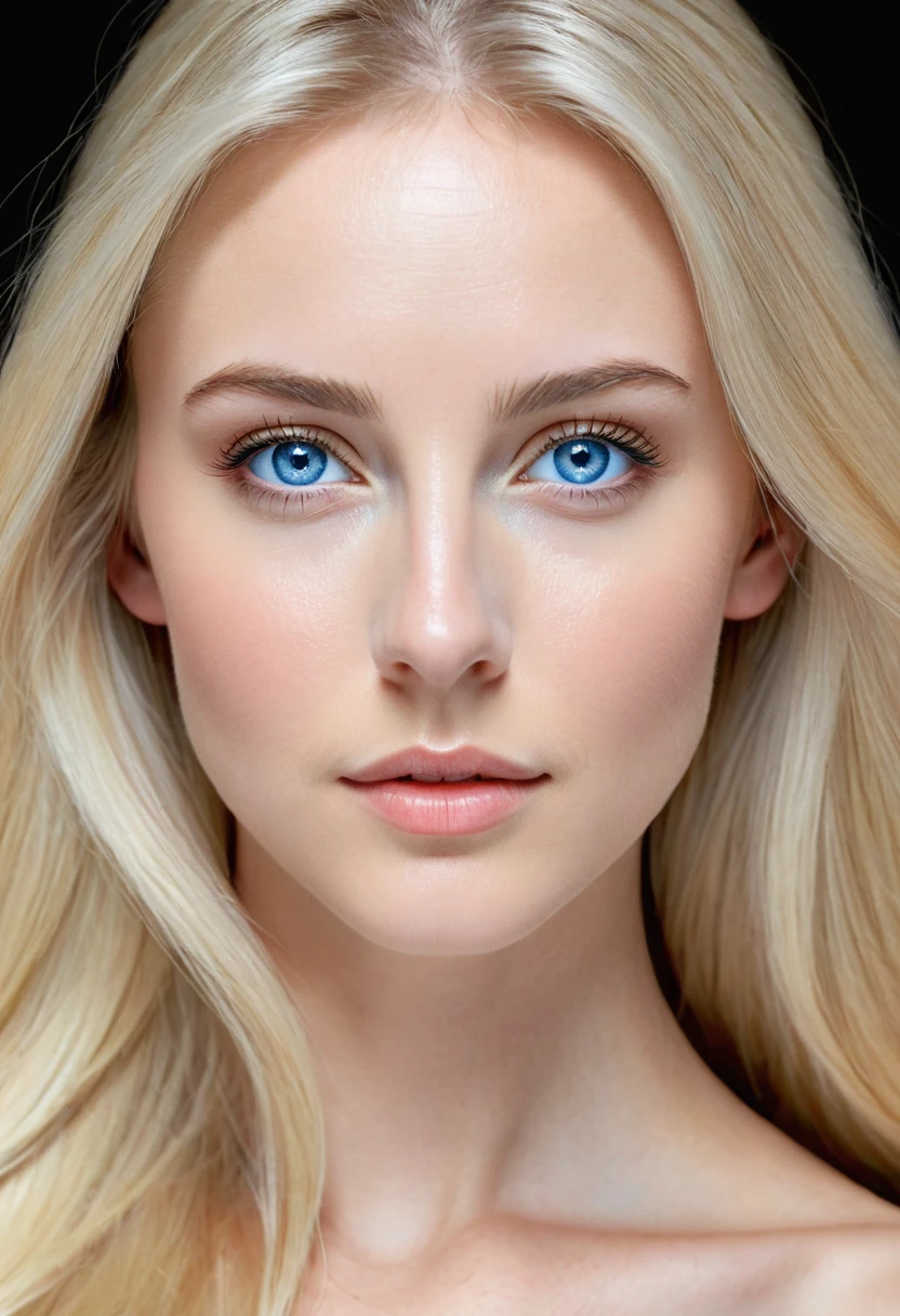 Extremely light white woman, young, adult, neoteny, blue eyes, angelic face, fine features, thin nose, symmetrical face, small nose, perfect face, tenderness, smooth skin, perfect skin, very long light blonde hair,hyper realistic,centered front face, looking straight ahead