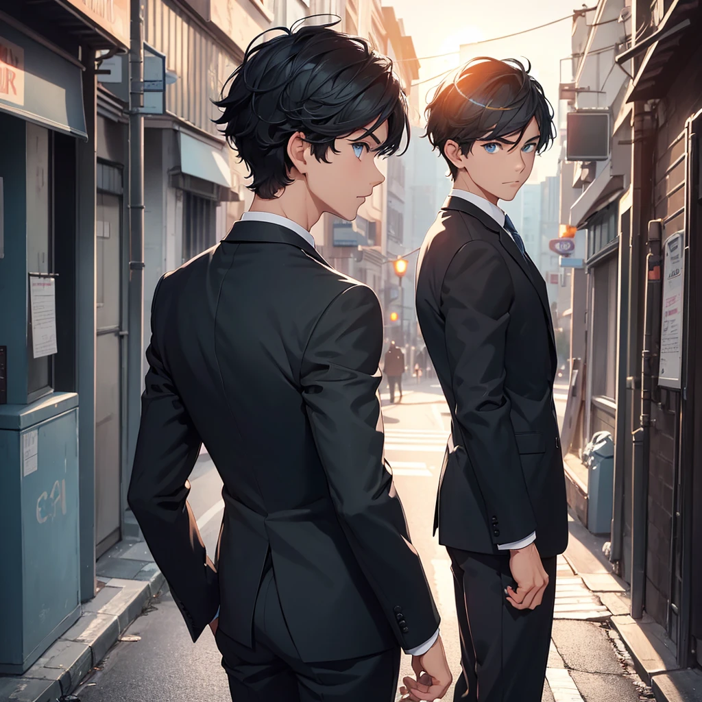 1boy, short black hair, light blue eyes, wearing all black suits, street, sunset, high res, ultrasharp, 8k, masterpiece, looking at viewer from behind