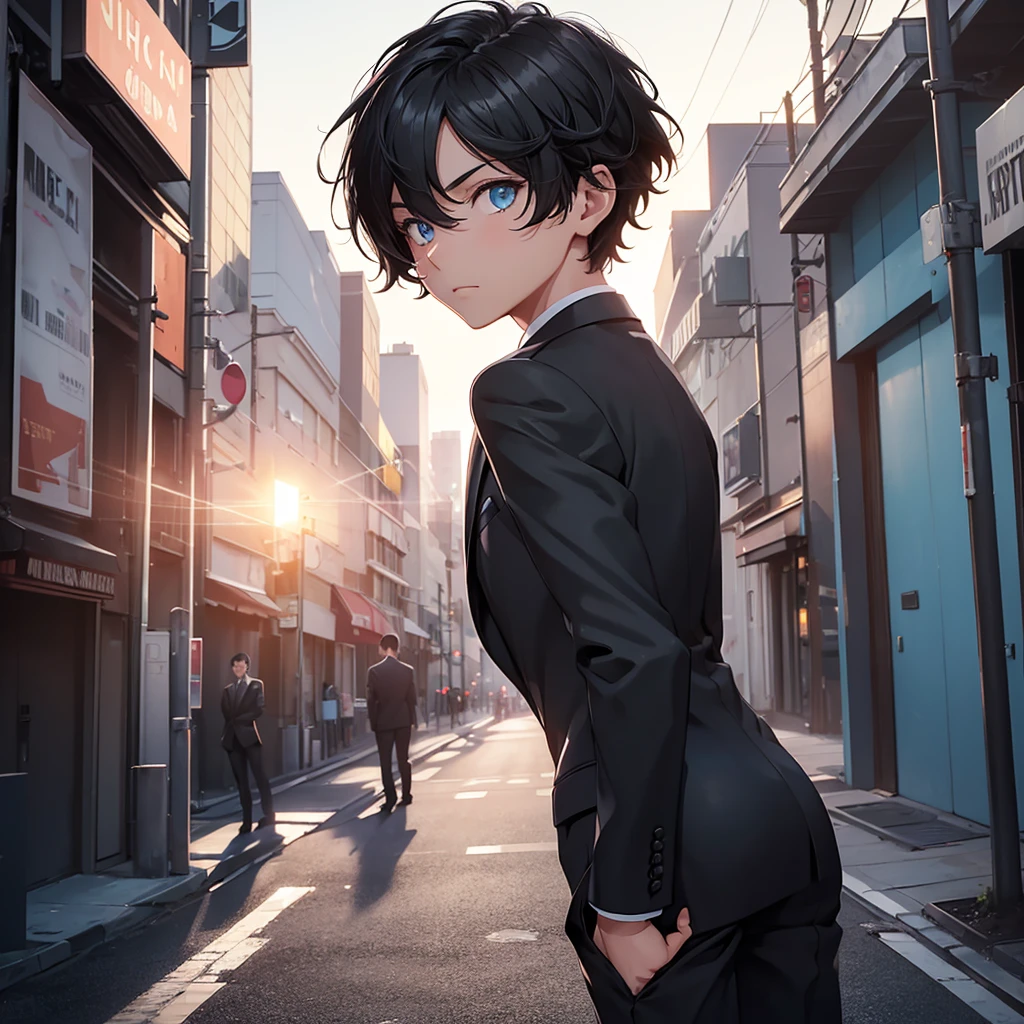 1boy, short black hair, light blue eyes, wearing all black suits, street, sunset, high res, ultrasharp, 8k, masterpiece, looking at viewer from behind