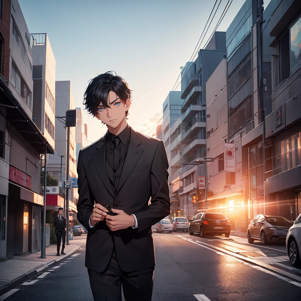 1boy, short black hair, light blue eyes, wearing all black suits, street, sunset, high res, ultrasharp, 8k, masterpiece, looking at viewer from behind