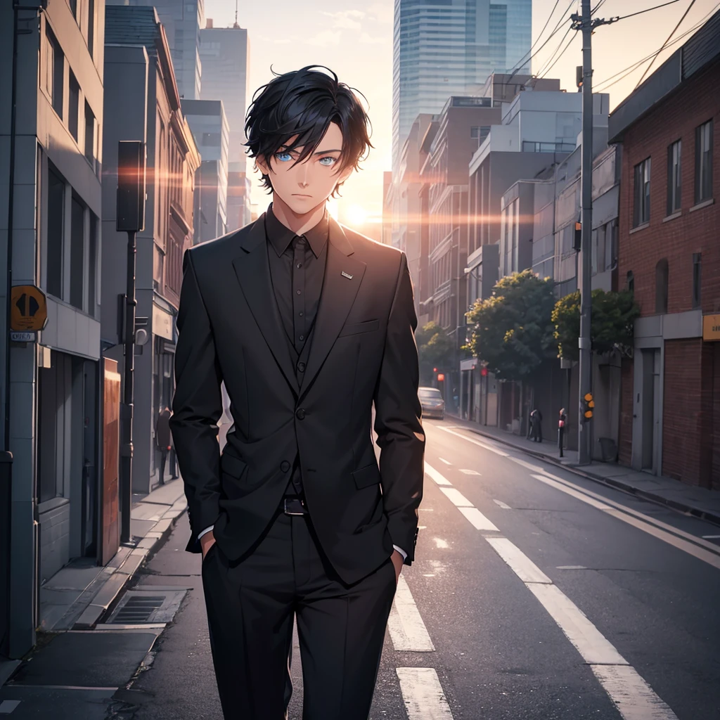 1boy, short black hair, light blue eyes, wearing all black suits, street, sunset, high res, ultrasharp, 8k, masterpiece, looking at viewer from behind