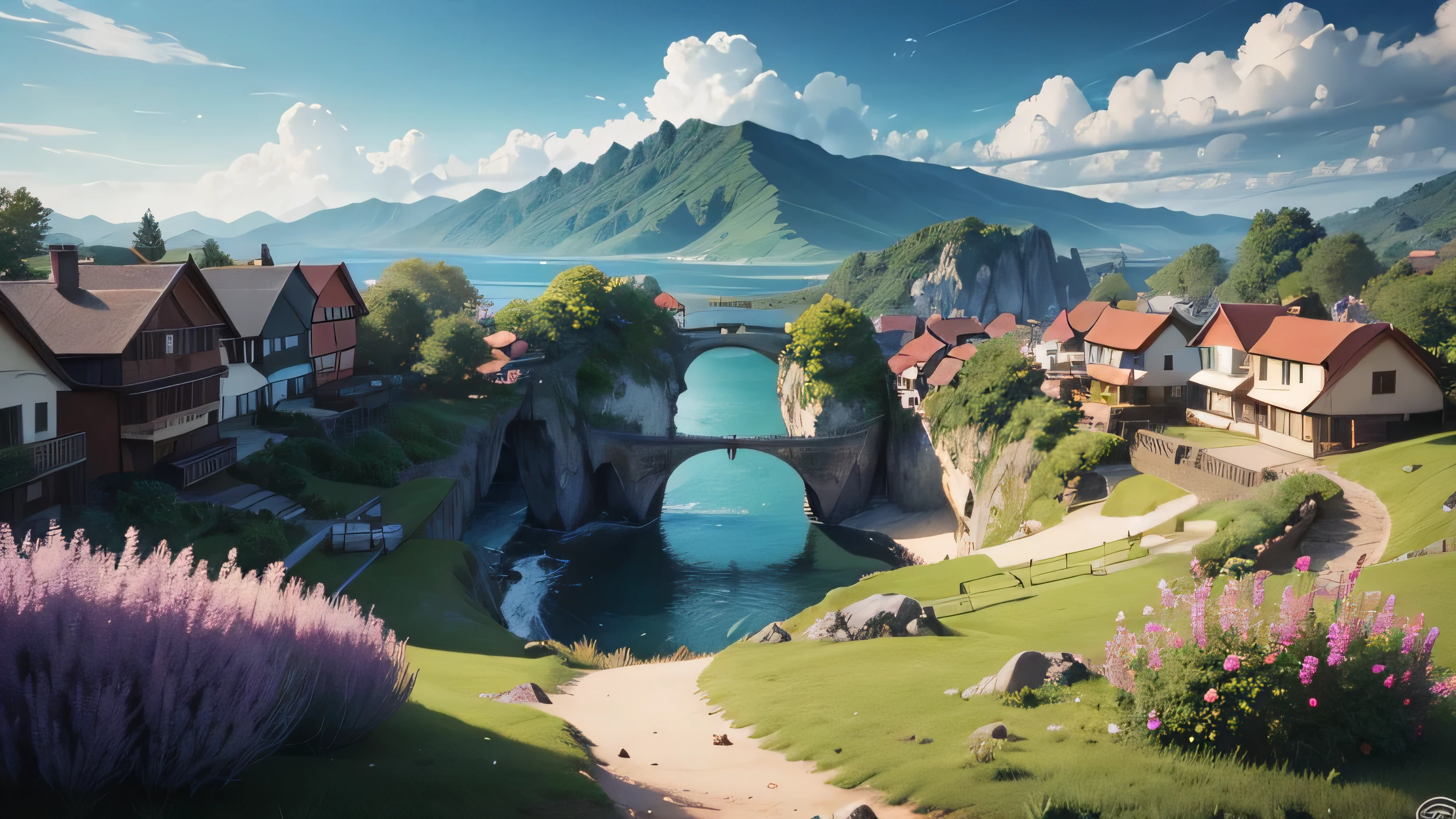 Masterpiece, Best Quality, (Highly detailed CG Unity 8k wallpaper) (Best Quality), (best illustration), cheered up, village, flores, blue sky, --v6