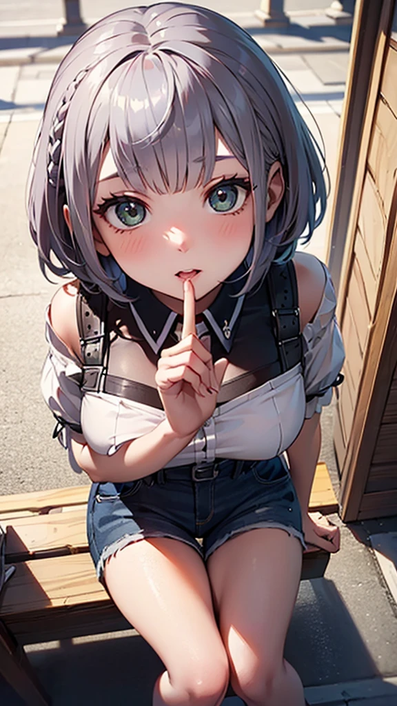 (masterpiece, best quality, ultra-highdetail), Silver braided short bob,1girl, (incoming kiss, face on focus, cowboy shot,from above:1.2)
