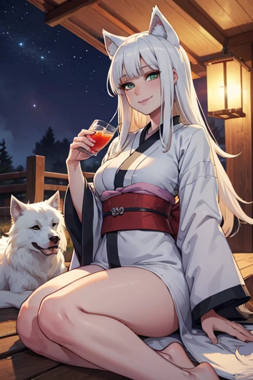 young white haired wolf woman with green eyes with an hourglass figure and white wolf ears and a white wolf tail in a pretty kimono is sitting on a the roof at night with a drink and a smile