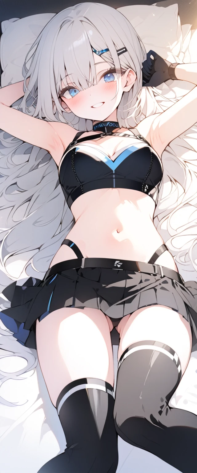 beautiful, masterpiece, Highest quality, anime, One girl, C Cup,Portrait Shot, View your viewers, Covered、Long Hair、nearby、Blue Eyes、art、、White hair,Blue streaked hair(2.0)、wallpaper、hairpin、Cute smile、Thighs、navel、Black and White_Open race queen、Blue-black_Gloves、Blue-black_Knee-high boots、、Cute、Blue-black_Short skirt、circuit、blue sky、Blue-black_mini skirt、Blue-black_Very short belted skirt、Sci-fi full harness(1.1)、Lying on your back、bed