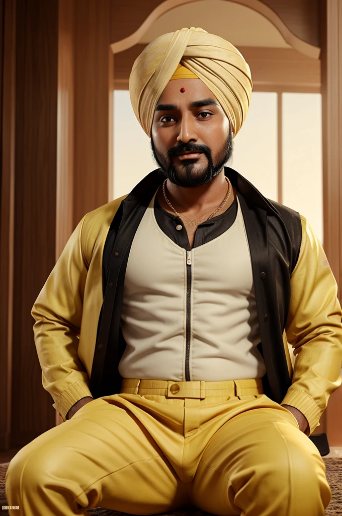 A panjabi sardarji named siddhu with yellowish pagadi, white jacket, brown pant, black mojari 3d pixar style