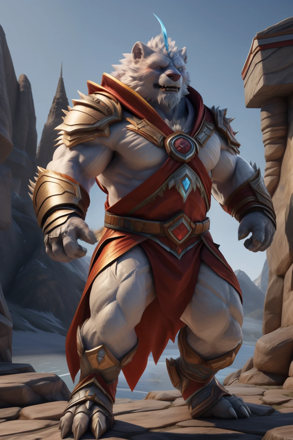 Highly detailed, full-body representation of Dota 2's Pally the Protector, officially licensed by Blizzard Games, masterfully crafted in a realistic style. This stunning 3D render showcases Pally in a dynamic pose, radiating a sense of strength and courage. The muscular protector is depicted in the intricate knight costume he's known for, complete with a long, red cherry cloak. His soon-to-be iconic face, characterized by a cold, expressive gaze and a soft blue blush, is highlighted with an open smile and a warm, inviting demeanor. The detailed background presents a serene, peaceful landscape, complementing the overall dramatic