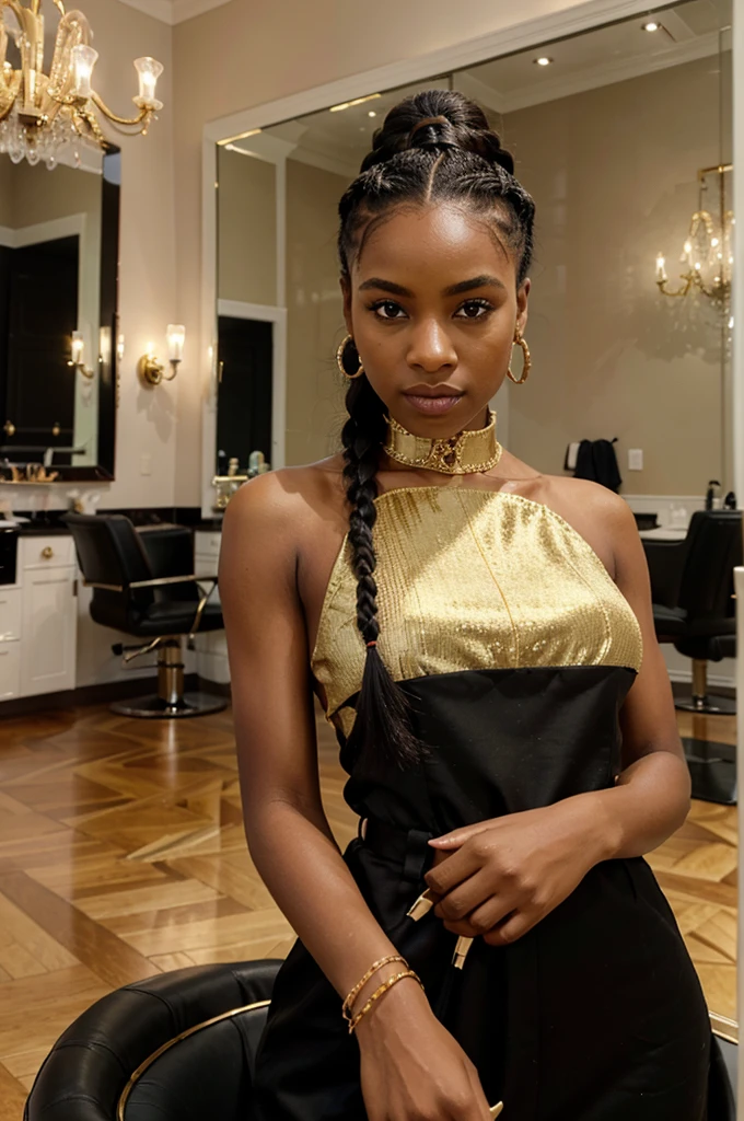 A hyper-realistic image of a stylish black American hairdresser. She has a confident, bossy presence, wearing a chic, tailored outfit with gold accessories. Her hair is styled in trendy braids, and she is holding professional salon tools. The background shows a luxurious salon interior with velvet chairs, ornate mirrors, and elegant lighting. The overall atmosphere is upscale and sophisticated, emphasizing the hairdresser's professionalism and expertise.