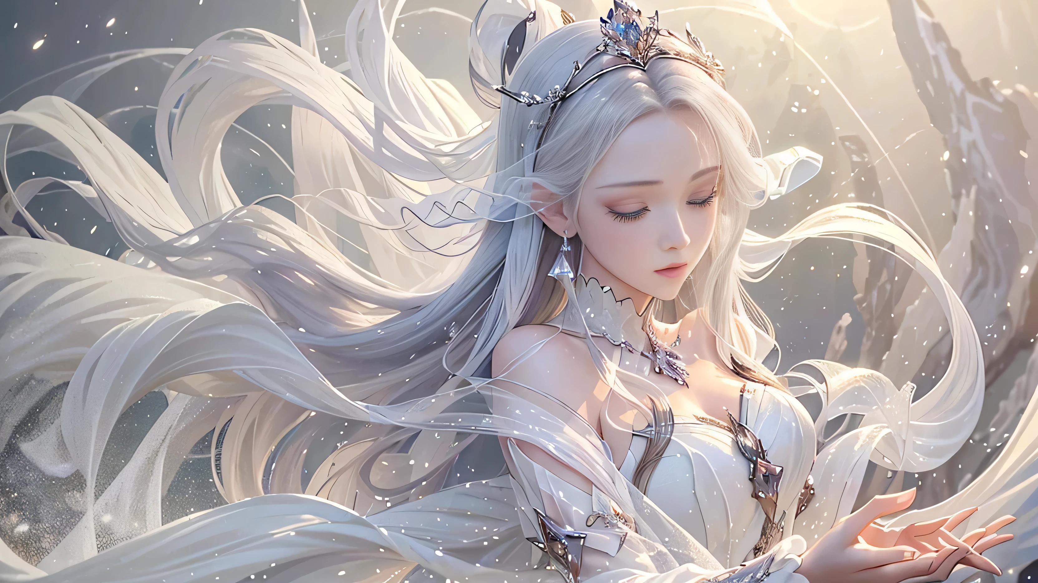 (masterpiece, Highest quality, the best, Official Art, Beautiful and beautiful, Long-term exposure: 1.2), Smooth movement, Attractive pattern, 1 Girl, (Long sleeve dress: 1.3), (((White clothes) )), Fire Emblem: Genealogy of the Holy War,Deirdre, Delicate face,Purplish silver hair,Wavy Hair, Gradient Hair, Bare shoulders, Lonely,Detailed Background, Delicate face, (Crystallized Aluminum, Crystal Theme:1.1), Elemental Sylph, Rotating wind, Controlling the Wind, White crystal clothes, Dynamic pose, Suspended particles, Mysterious Mechanics, whirlwind, vapor, whirlwind in the background, White Tone, whirlwind, Ethereal atmosphere,gem,