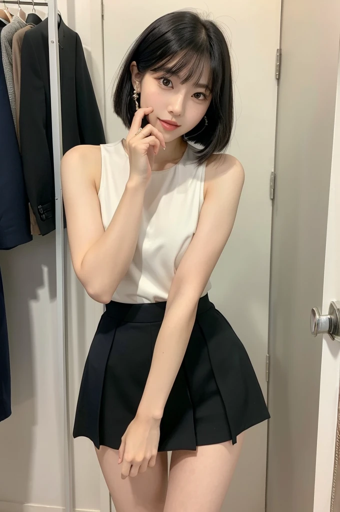 Suit, backstage at studio, talent agency manager,((full body)),((photo)),((best qualtiy, 8K, tmasterpiece:1.3)), Focus:1.2, perfect figure beautiful girl:1.4,1girl,cowboy shot,look at viewer,incredibly absurd, beautiful and cute girl with a photorealistic face, showcasing top-quality craftsmanship, A Japanese woman giving work instructions over the phone, 20 years old, shoulder-length bob cut, thick, straight black hair with bangs, shiny black hair, large eyes, round face, long eyelashes, soft smile, thin eyebrows, small nose, glossy lips, smooth skin, fair skin, fine-grained skin, tall, slender figure, well-balanced proportions, delicate limbs, small B-cup breasts, white blouse, black tight skirt, heeled pumps, watch, earrings, pretty older woman, beautiful, neat, fashionable, cheerful, positive, curious, sociable, responsible, highly trusted by those around her, October