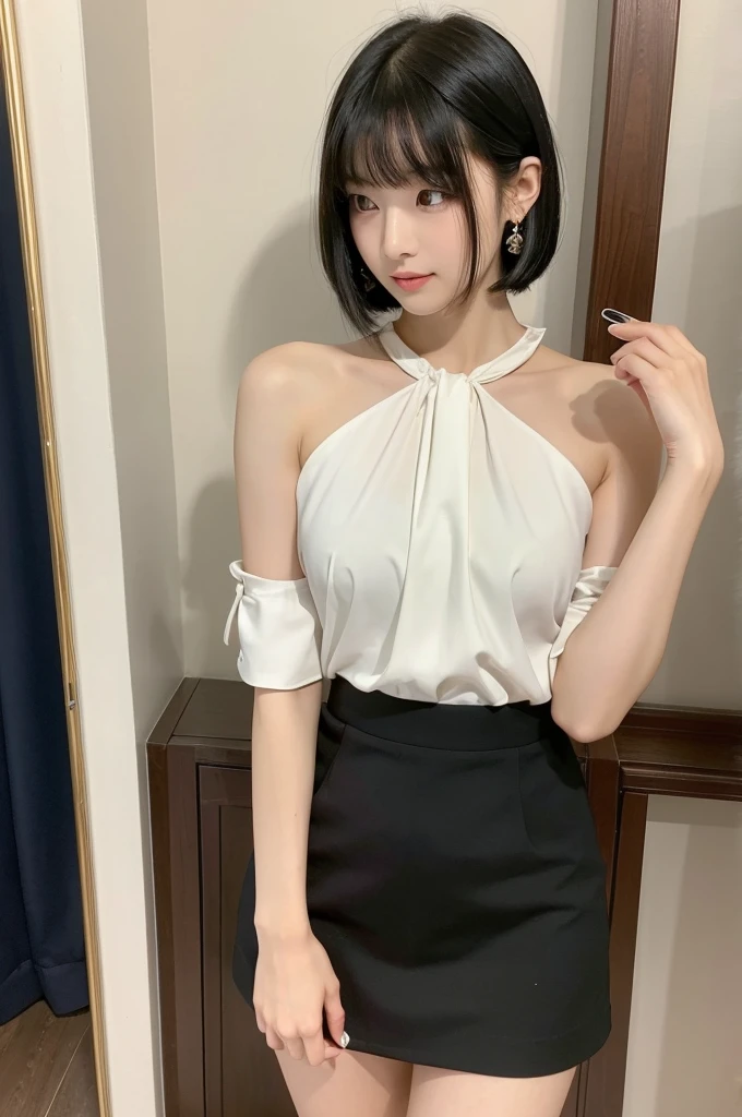 Suit, backstage at studio, talent agency manager,((full body)),((photo)),((best qualtiy, 8K, tmasterpiece:1.3)), Focus:1.2, perfect figure beautiful girl:1.4,1girl,cowboy shot,look at viewer,incredibly absurd, beautiful and cute girl with a photorealistic face, showcasing top-quality craftsmanship, A Japanese woman giving work instructions over the phone, 20 years old, shoulder-length bob cut, thick, straight black hair with bangs, shiny black hair, large eyes, round face, long eyelashes, soft smile, thin eyebrows, small nose, glossy lips, smooth skin, fair skin, fine-grained skin, tall, slender figure, well-balanced proportions, delicate limbs, small B-cup breasts, white blouse, black tight skirt, heeled pumps, watch, earrings, pretty older woman, beautiful, neat, fashionable, cheerful, positive, curious, sociable, responsible, highly trusted by those around her, October