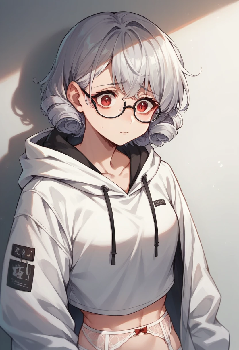 1girl,Silver Hair,Red eyes,Curly medium short hair,Square glasses,Wearing a large white coat,hoodie,,Dairy-free,garter belt,hot pants,Worried,hold one&#39;s head,Sit on a chair,desk,computer,Character portrait,A mug filled with coffee,Owning a mug,computerを見る,Dark circles under the eyes