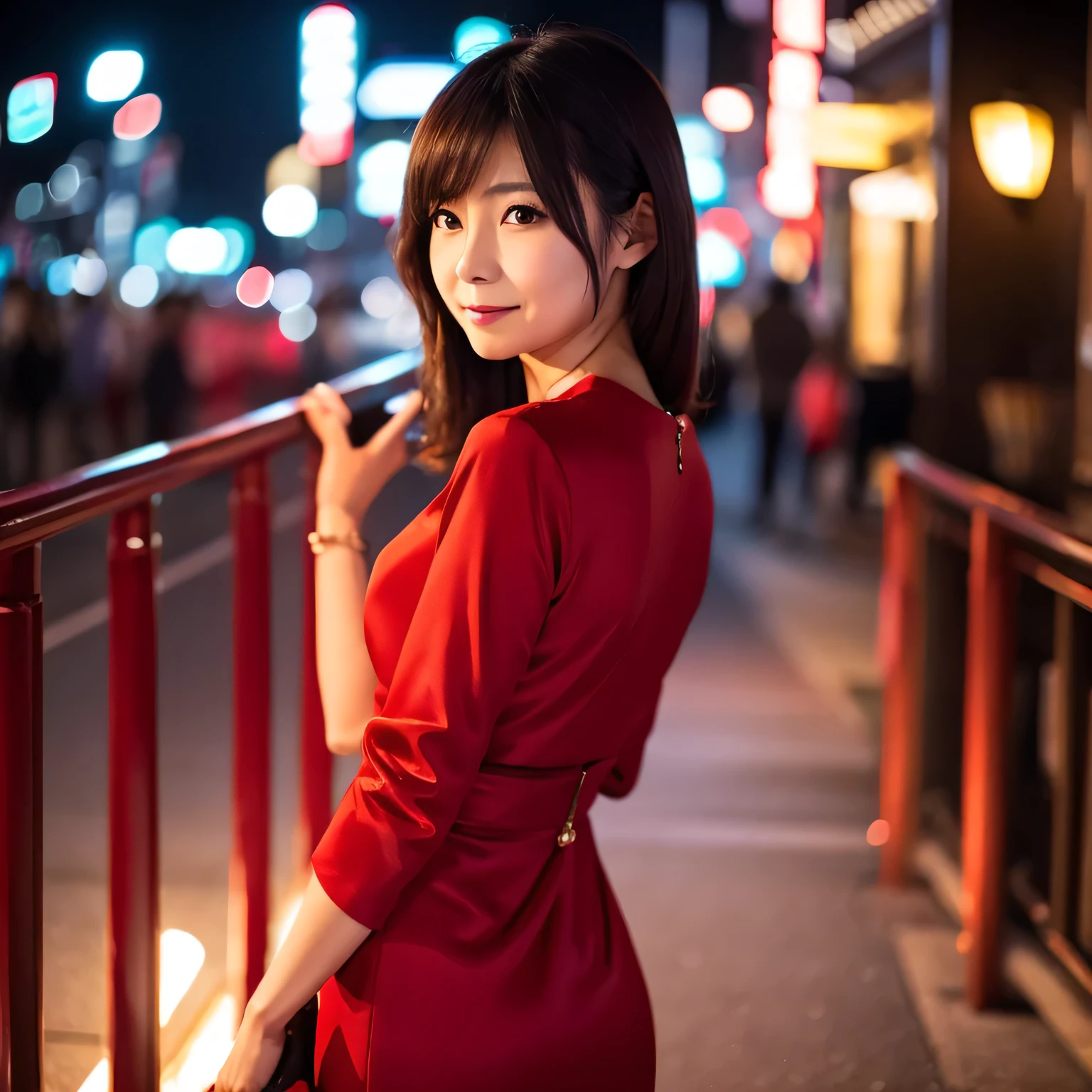 Japanese woman in her 50s, night view, red dress, romantic bokeh