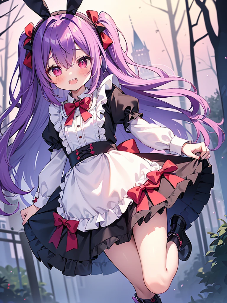 (masterpiece, best quality:1.4), detailed skin, detailed face, Alice(Alice in Wonderland), cute face, vampire princess, , 12-yo,
1girl, length hair, Red eyes, happy smile, (double teeth:1.6), (purple hair), (two side up), (shiny wavy hair), the bow, gothic dresses, crinoline, (Very big rabbit ears, hairband), long-sleeves, red blush, the bow hair, Hair Between Eyes, Panties Hose, Puffy Sleeves, Apron Dress, frilled, purple hem dress, wrist cuffs, neck ribbon, ((brooch)), buckle, ankle boots, flustered, (((girly running))),
wonderland, fantasy night, fog, foggy city,