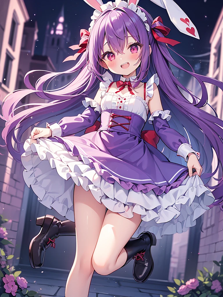 (masterpiece, best quality:1.4), detailed skin, detailed face, Alice(Alice in Wonderland), cute face, vampire princess, , 12-yo,
1girl, length hair, Red eyes, happy smile, (double teeth:1.6), (purple hair), (two side up), (shiny wavy hair), the bow, gothic dresses, crinoline, (Very big rabbit ears, hairband), long-sleeves, red blush, the bow hair, Hair Between Eyes, Panties Hose, Puffy Sleeves, Apron Dress, frilled, purple hem dress, wrist cuffs, neck ribbon, ((brooch)), buckle, ankle boots, flustered, (((girly running))),
wonderland, fantasy night, fog, foggy city,
