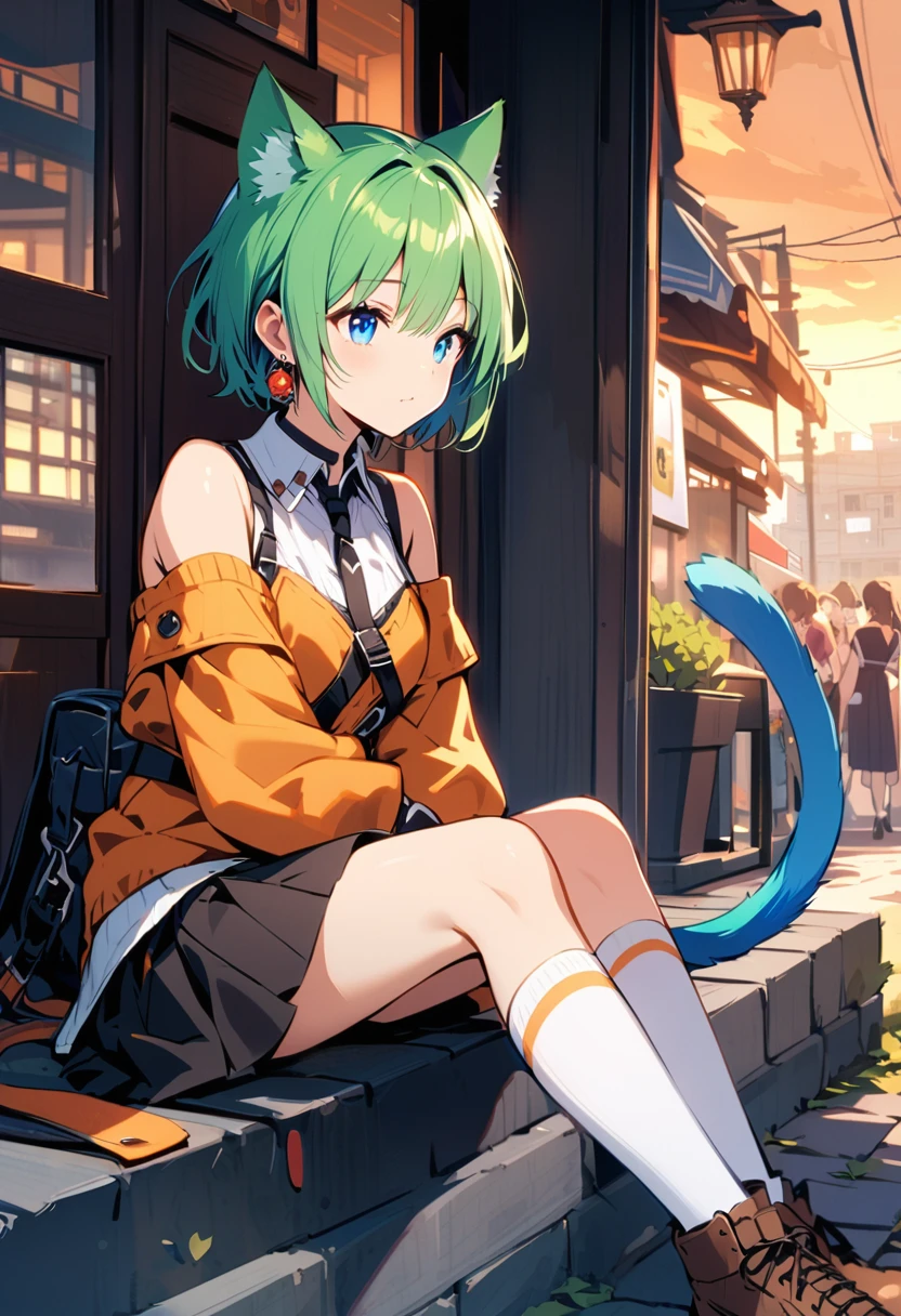 ,One girl,Deltamon_beta, alone, blue eyes, Knee socks, Animal ears, Bare shoulders, Blue Tail, Earrings,Removable sleeves, Green Hair, No sleeve, Cat ear, bag, white Knee socks, Cat's Tail,pink backpack,Pink school bag, Breaking, teeth, teeth focus, Camel Toe, From behind, Destroy the mimic chest, BREAK score_9, score_8_superior, score_7_superior, score_6_superior, score_5_superior, score_4_superior, anime, No correction, (high quality, detailed, beautiful), Shiny, detailed beautiful eyes, Extraordinary, Countershading, detailed soft lighting,((Sunrise Time/Sunrise time/sunrise time:1.3))