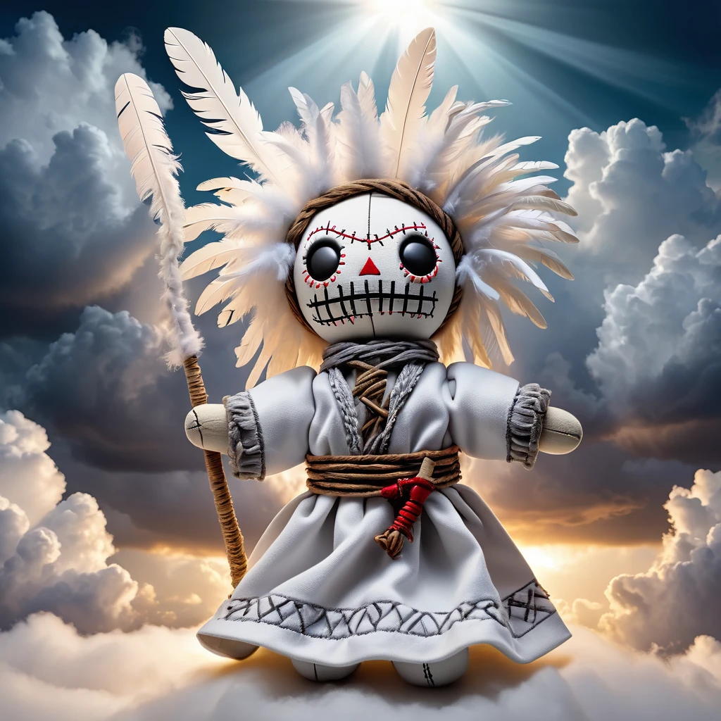 (knitted toy voodoo doll:1.6), (Voodoo Cloud Whisperer:1.3), (Clothing white and gray robes with cloud patterns and feathers:1.0), (background sky with hovering clouds and piercing rays of light:1.3), best quality, masterpiece, detailed soft oil painting, detailed background, dramatic cinematic lighting, soft edge lighting, professional, dramatic lighting, hard edge lighting, ultra quality, 4k, masterpiece, best quality, 8k, ultra high definition, high resolution, extremely detailed