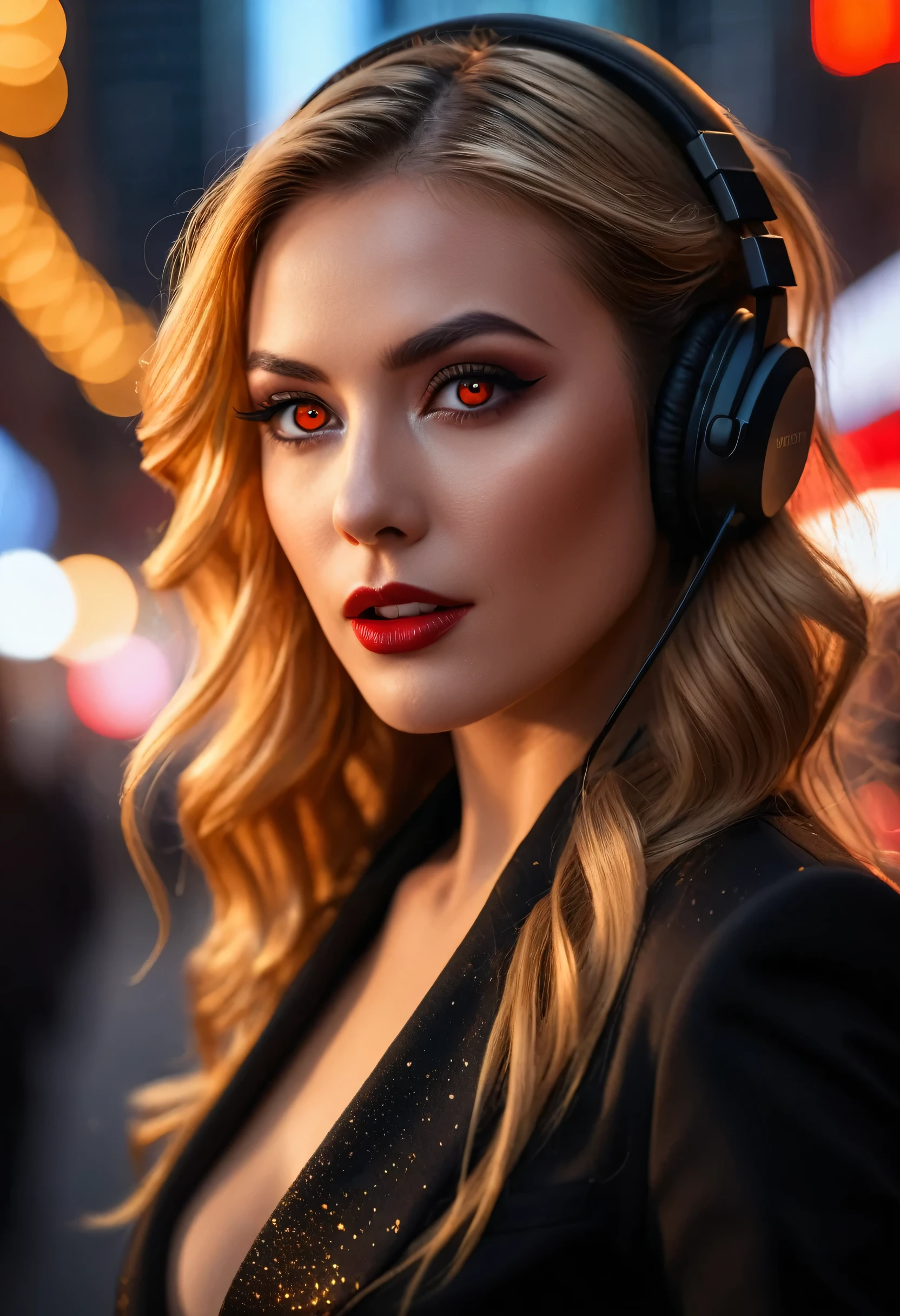 Girl, ((Film grain, bokeh, light particles ,Dust, Extreme camera angle)), (Best Quality,4k,hight resolution:1.2),Ultra-detailed,Realistic,Portrait,black & Gold Palette,Long flowing golden hairstyle, ((Red detailed eyes)), Vampire Liquids,radiant lighting,Detailed facial features,Dark background,Single man,in a black suit, Makeup artists do makeup for celebritieasterpiece:1.2), Best Quality, Masterpiece, hight resolution, Original, extremely detailed wallpaper, perfect lighting,(extremely detailed CGI:1.2), headphone, Madison Square New York, Traffic jam, headphone, ((woman with edge orgasm_face))、perfect eyes, headphone, headphone