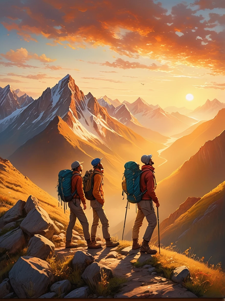 An expressive image that captures the emotion of an adventure filled with heartfelt moments. Imagine a scene where a group of explorers of various descents and genders experiencing a beautiful sunrise after a tough hike. They are standing at the mountain peak, their faces glow with joy and satisfaction. They are closer than ever, their bond forged by shared hardships and little victories. In the background, the rising sun casts a warm, golden light on the surrounding landscape, painting an exquisite picture of natural beauty and tranquility. There is a sense of accomplishment and deep connection between the adventurers, a moment they will cherish forever