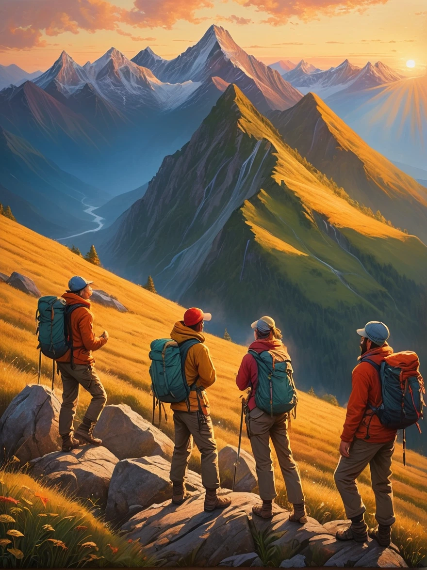 An expressive image that captures the emotion of an adventure filled with heartfelt moments. Imagine a scene where a group of explorers of various descents and genders experiencing a beautiful sunrise after a tough hike. They are standing at the mountain peak, their faces glow with joy and satisfaction. They are closer than ever, their bond forged by shared hardships and little victories. In the background, the rising sun casts a warm, golden light on the surrounding landscape, painting an exquisite picture of natural beauty and tranquility. There is a sense of accomplishment and deep connection between the adventurers, a moment they will cherish forever