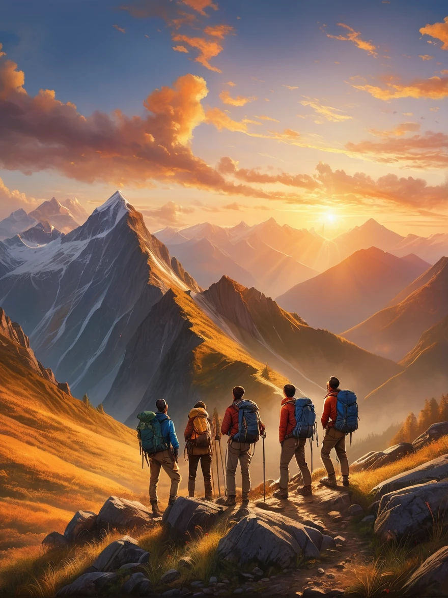 An expressive image that captures the emotion of an adventure filled with heartfelt moments. Imagine a scene where a group of explorers of various descents and genders experiencing a beautiful sunrise after a tough hike. They are standing at the mountain peak, their faces glow with joy and satisfaction. They are closer than ever, their bond forged by shared hardships and little victories. In the background, the rising sun casts a warm, golden light on the surrounding landscape, painting an exquisite picture of natural beauty and tranquility. There is a sense of accomplishment and deep connection between the adventurers, a moment they will cherish forever