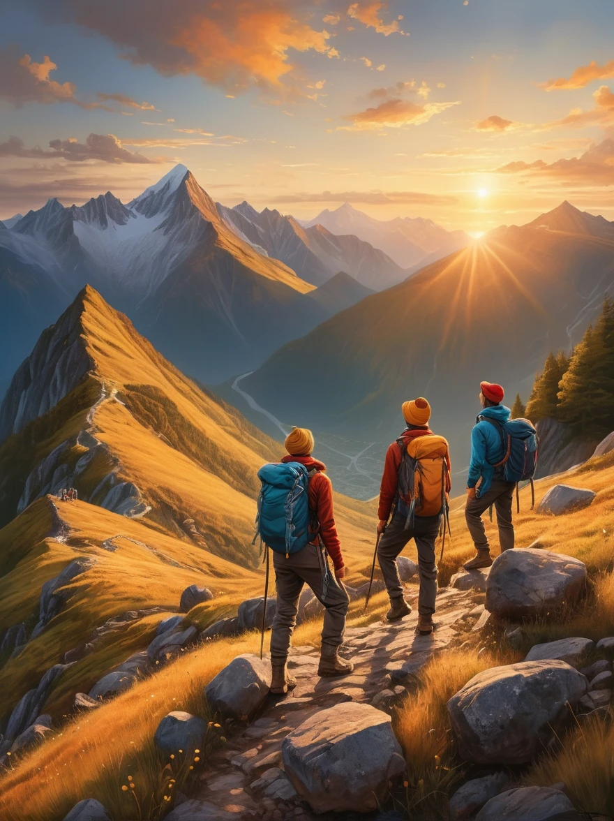 An expressive image that captures the emotion of an adventure filled with heartfelt moments. Imagine a scene where a group of explorers of various descents and genders experiencing a beautiful sunrise after a tough hike. They are standing at the mountain peak, their faces glow with joy and satisfaction. They are closer than ever, their bond forged by shared hardships and little victories. In the background, the rising sun casts a warm, golden light on the surrounding landscape, painting an exquisite picture of natural beauty and tranquility. There is a sense of accomplishment and deep connection between the adventurers, a moment they will cherish forever