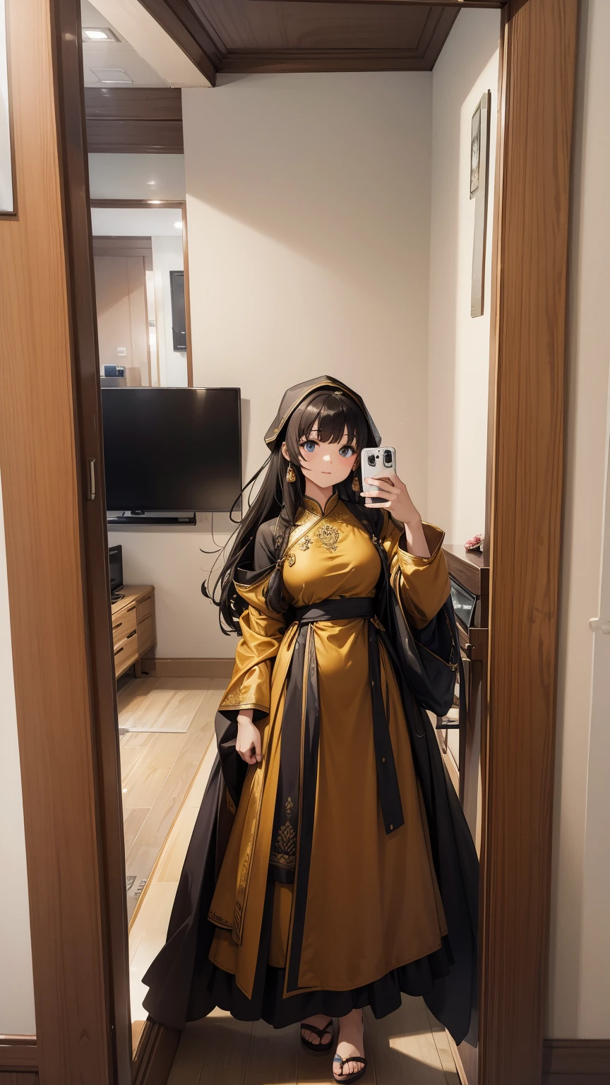a woman taking a selfie in a mirror in a room, wearing a silk kurta, wearing a kurta, full covered dress, outfit photo, wearing a fisher 🧥, full body photogenic shot, full body picture, wearing jedi robes and a sari, 8k selfie photograph, fully covered in drapes, wearing an elegant tribal outfit, full dress