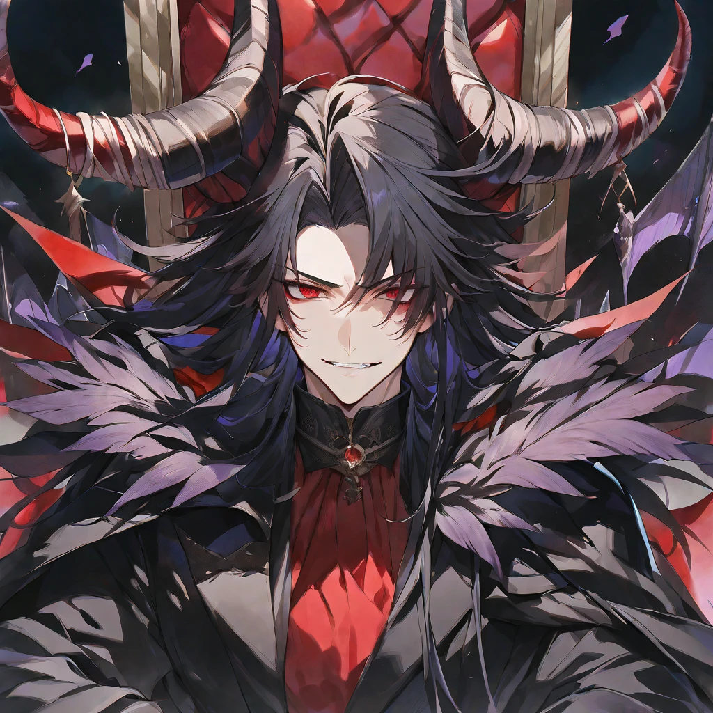 solo,handsome, a watercolor ,
1.male, 
Gojo Satoru,
bangs, straight hair, long hair,bobbed hair, black hair,
Red eyes, Odd Eye, Devil, Devil's Horn, Devil's Feather, 
a black coat, 
Throne, blood,Face up,
black background