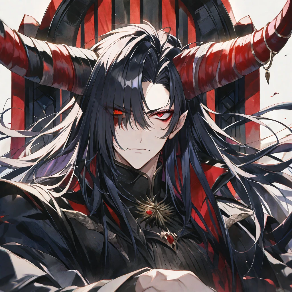 solo,handsome, a watercolor ,
1.male,
Gojo Satoru,
bangs, straight hair, long hair,bobbed hair, black hair,
Red eyes, Odd Eye, Devil, Devil's Horn, Devil's Feather,
a black coat,
Throne, blood,Face up,
black background