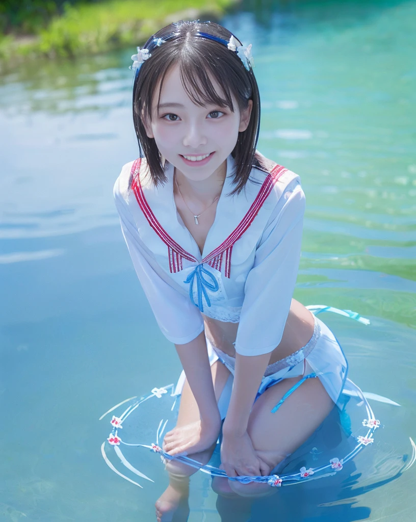 (NFSW)、(High resolution:1.5)、Highest quality,Very detailed,masterpiece,Super detailed,alone,(One 12 year old girl),((Summer School Uniforms:1.5)), Seraphim, ((skirt:1.5)), smile, Thigh fetish images: 1.5、(((barefoot)))、(Her thighs and white bikini reflected in the clear blue water)、(reflected in water:1.5)、((I can see the white string panties:1.5))、(Cleavage)、((Clear blue seawater))、Summer sun、はしゃいだsmile、Beautiful Eyes、(pull-out-panties)、(Panties on knees)、Big necklace and tiara、The water is marine blue、(((Glossy thighs)))