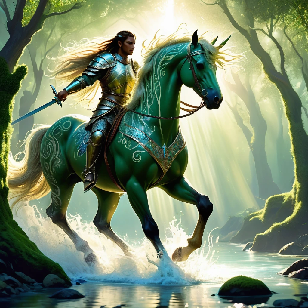 Visualize a majestic medieval fantasy centaur galloping through a sun-dappled forest glade. The centaur's upper body is that of a noble warrior, with strong arms adorned in intricately crafted armor that gleams in the soft light filtering through the trees. Their expression is one of wisdom and serenity, framed by a mane of flowing hair and adorned with ancient tribal markings. Below the torso, powerful equine legs carry them gracefully over moss-covered roots and through babbling brooks, their hooves stirring up gentle splashes of crystal-clear water. Around them, woodland creatures pause to watch in awe as the centaur moves with a fluid grace that belies their formidable strength. Sunbeams dance among the leaves, creating a magical aura around this mythical creature, embodying the harmony between nature and warrior spirit in the medieval fantasy realm."