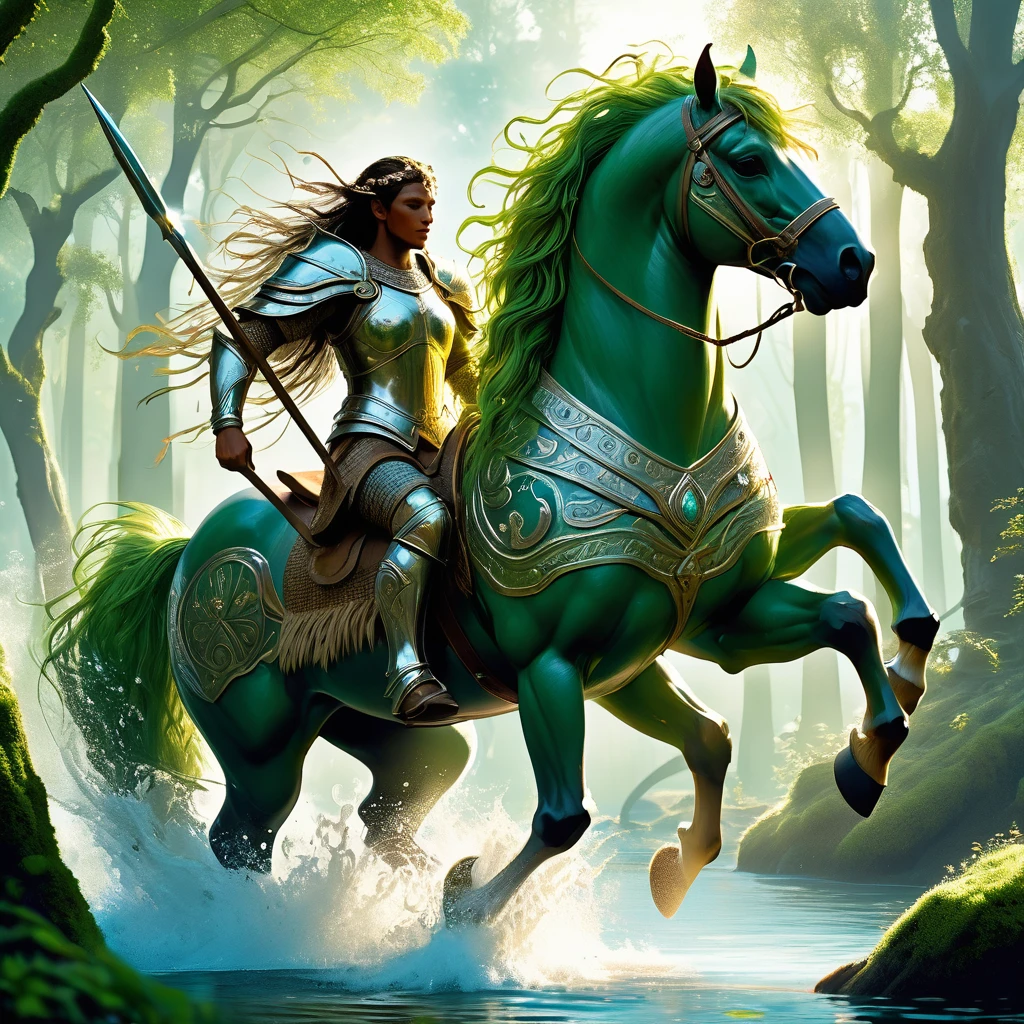 Visualize a majestic medieval fantasy centaur galloping through a sun-dappled forest glade. The centaur's upper body is that of a noble warrior, with strong arms adorned in intricately crafted armor that gleams in the soft light filtering through the trees. Their expression is one of wisdom and serenity, framed by a mane of flowing hair and adorned with ancient tribal markings. Below the torso, powerful equine legs carry them gracefully over moss-covered roots and through babbling brooks, their hooves stirring up gentle splashes of crystal-clear water. Around them, woodland creatures pause to watch in awe as the centaur moves with a fluid grace that belies their formidable strength. Sunbeams dance among the leaves, creating a magical aura around this mythical creature, embodying the harmony between nature and warrior spirit in the medieval fantasy realm."