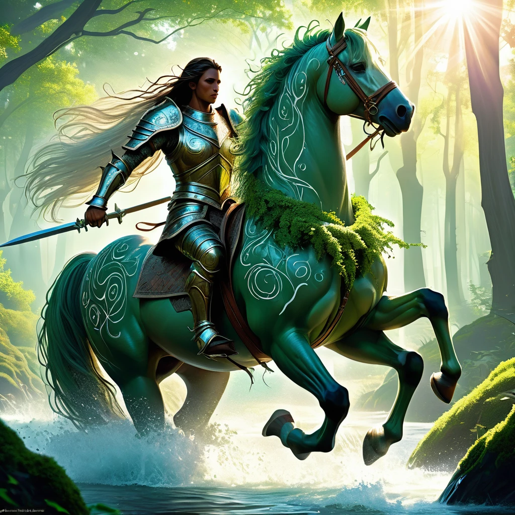 Visualize a majestic medieval fantasy centaur galloping through a sun-dappled forest glade. The centaur's upper body is that of a noble warrior, with strong arms adorned in intricately crafted armor that gleams in the soft light filtering through the trees. Their expression is one of wisdom and serenity, framed by a mane of flowing hair and adorned with ancient tribal markings. Below the torso, powerful equine legs carry them gracefully over moss-covered roots and through babbling brooks, their hooves stirring up gentle splashes of crystal-clear water. Around them, woodland creatures pause to watch in awe as the centaur moves with a fluid grace that belies their formidable strength. Sunbeams dance among the leaves, creating a magical aura around this mythical creature, embodying the harmony between nature and warrior spirit in the medieval fantasy realm."