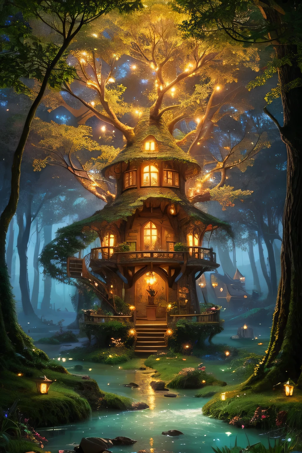 There is a tree house with lots of lights, enchanted magical fantasy forest, Magic fantasy highly detailed, magical fantasy forest, Magical Environment, Fairey Palace, Magic Tree, Magic fairy background, Magic Background, So magical and dreamy, Detailed fantasy digital art, Enchanted and magical forest, Fantasy Tree, magic fairy forest, Beautiful depiction of a fairy tale